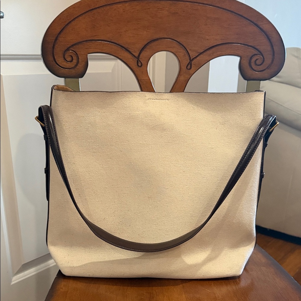 Zara Cream Canvas Shoulder Bag with Brown Leather Trim